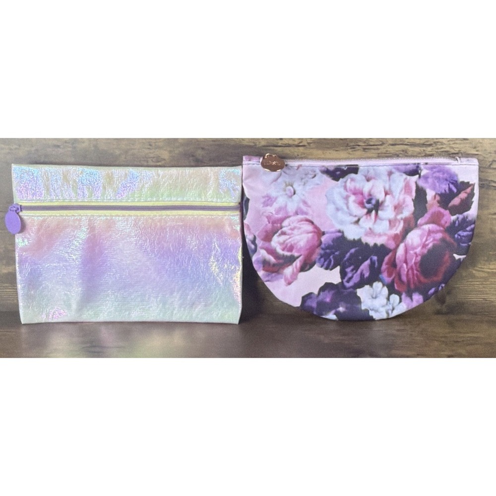2 IPSY Makeup Bag Lot Iridescent Metallic & Pink And Purple Peony Floral